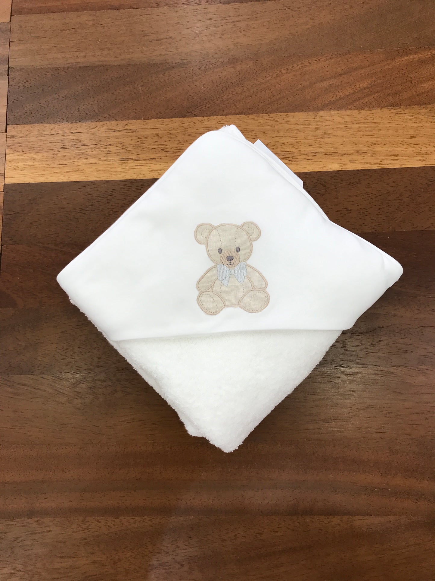 Telo Bagnetto Baby Gi con angolo bianco con orsetto ricamato con fiocco grigio