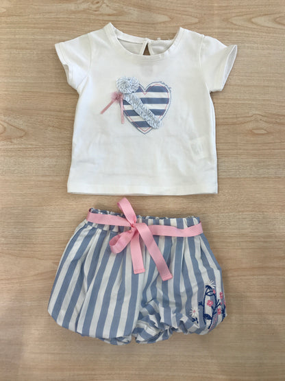 Completo Nanan due pezzi in cotone t-shirt mezza manica con cuore a righe centrale con pantalone corto a righe con fiocchetto sul davanti