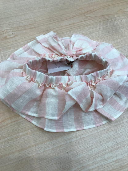 Culotte Fofettes in lino a righe bianche e rosa con rusche e fiocco sul retro