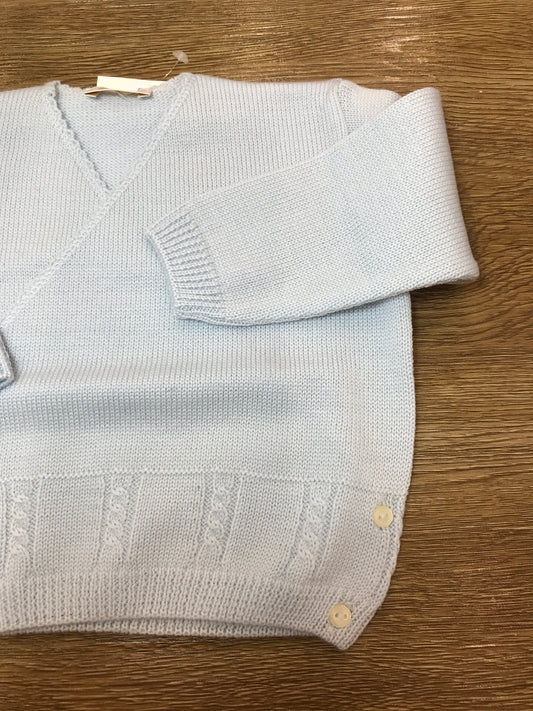 Cardigan Baby Lord in lana celeste ad incrocio con lavorazione di trecce
