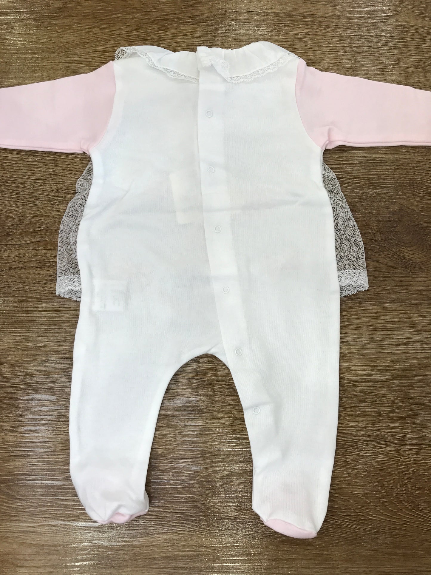 Tutina Cielo Blu intera bianca con fiocchetti rosa e velo in tulle