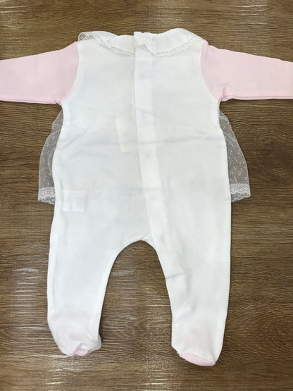 Tutina Cielo Blu intera bianca con fiocchetti rosa e velo in tulle