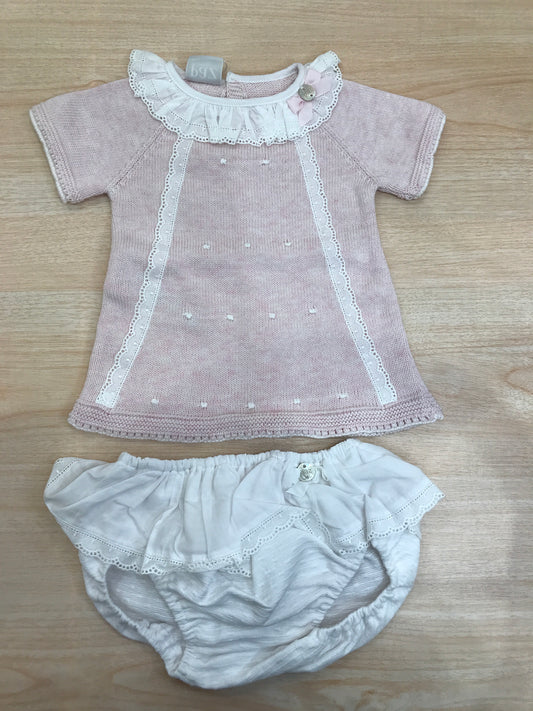 Completo Paz Rodriguez in filo due pezzi mezza manica con collo con rusche a pois bianchi culotte con rusche
