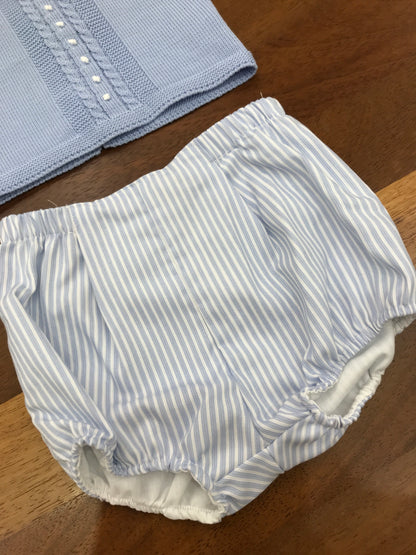 Completo PCS in filo celeste due pezzi mezza manica colletto a righe con pois ricamati sul davanti culotte a righe abbinata