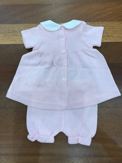 Completo Baby Lord in filo rosa due pezzi mezza manica con fiorellini ricamati sul davanti
