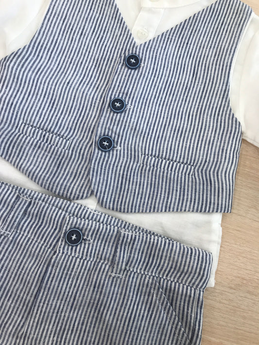 Completo Coccodè in cotone bermuda all'inglese camicia manica lunga con panciotto a righe bianco e blu
