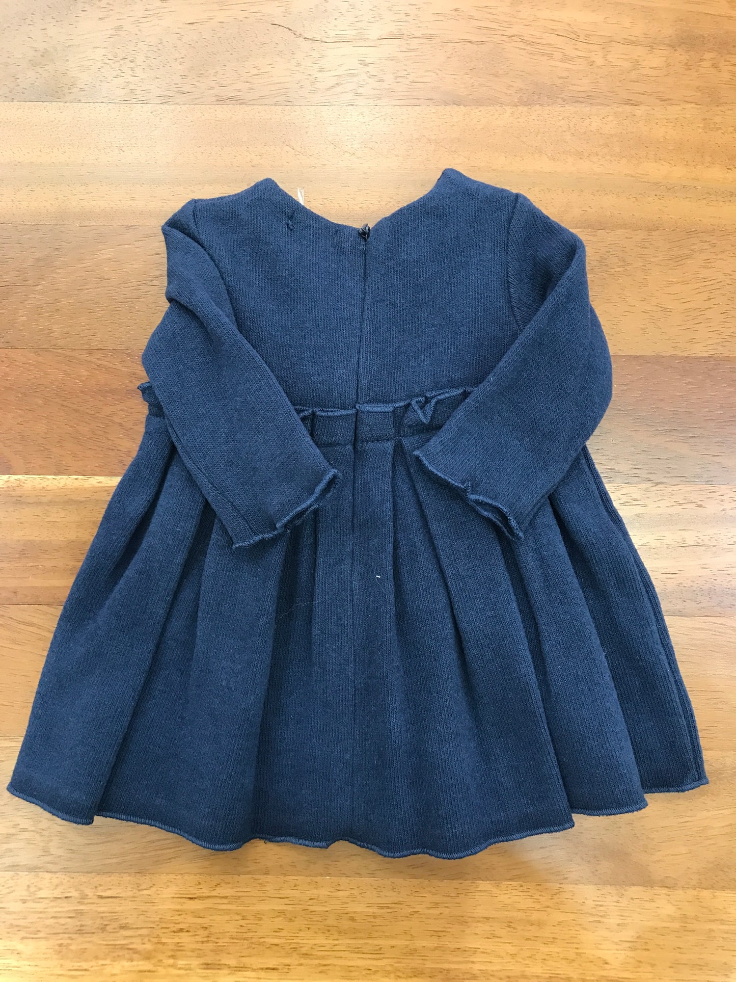 Abitino Nanan in caldo cotone blu manica lunga gonna plissettata con fiocco grigio a pois blu al centro