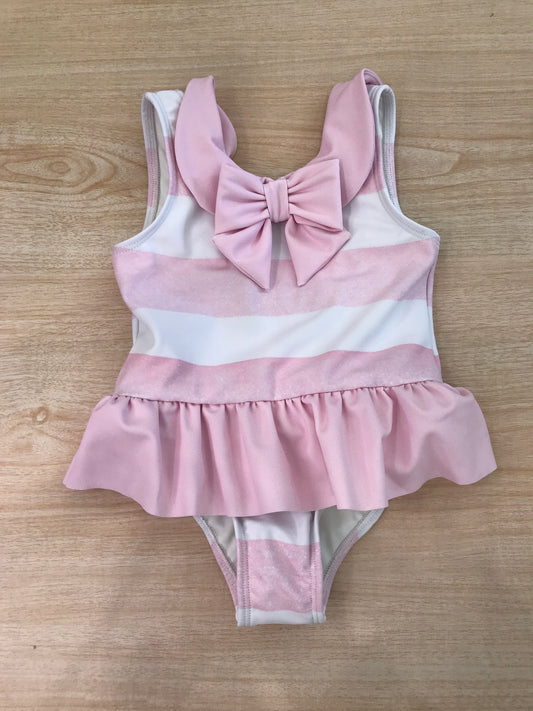 Costume Fofettes intero a righe bianche e rosa con rusche rosa a spallina con fiocco sul davanti