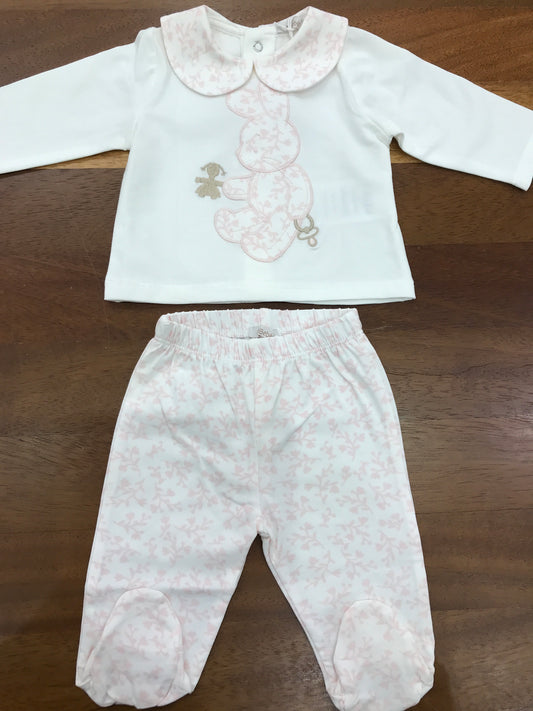 Tutina Le Bebè due pezzi in cotone bianca e rosa con colletto tondo con coniglio sul davanti