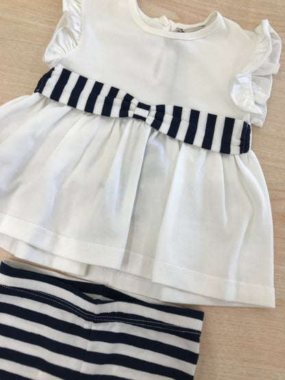 Completo Jo Milano in cotone leggins bianco e blu a righe con t-shirt smanicato con rusche con fascia in vita a righe