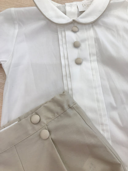 Completo Pure due pezzi in cotone camicia mezza manica con profilo tortora con bottoncini con bermuda a sbuffo