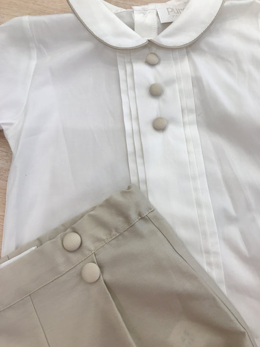 Completo Pure due pezzi in cotone camicia mezza manica con profilo tortora con bottoncini con bermuda a sbuffo