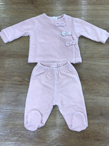 Tutina Nanan due pezzi ciniglia a costine rosa antico con apertura trasversale con fiocchetti