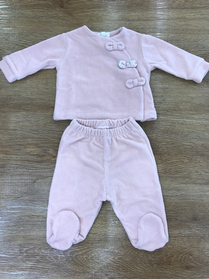 Tutina Nanan due pezzi ciniglia a costine rosa antico con apertura trasversale con fiocchetti