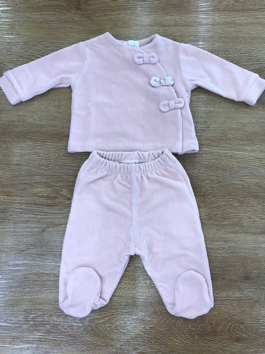 Tutina Nanan due pezzi ciniglia a costine rosa antico con apertura trasversale con fiocchetti
