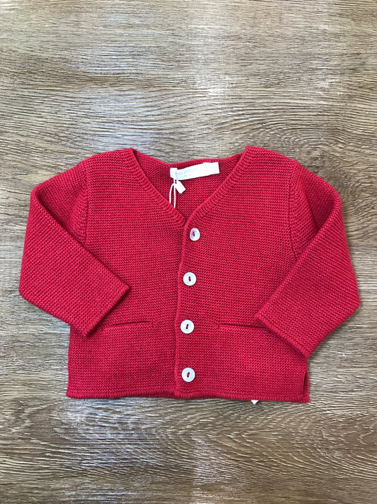 Cardigan Laranjinha in lana rosso con taschine e piccoli bottoncini