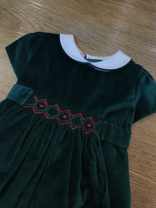 Pagliaccetto Les Enfants de Gisele in velluto verde mezza manica con fascia al centro in punto smock