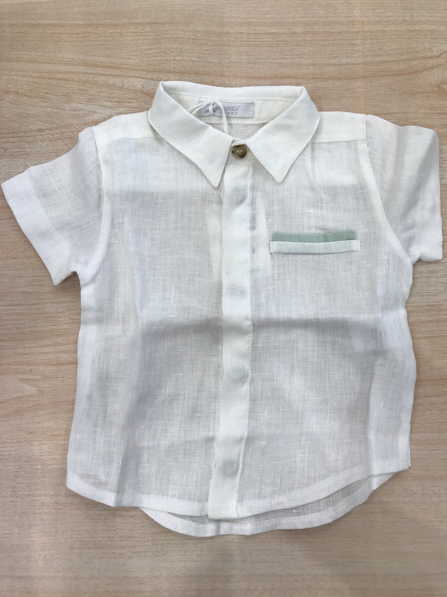 Camicia Coccodè in lino mezza manica tasca con profilo verde e colletto a punta