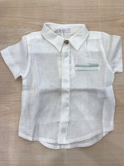 Camicia Coccodè in lino mezza manica tasca con profilo verde e colletto a punta