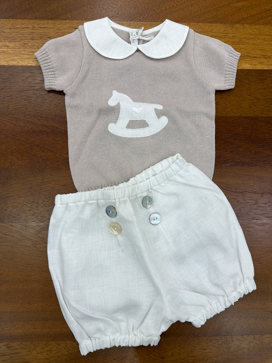 Completo Baby Lord in filo bianco e tortora mezza manica collo tondo bianco con cavallo tondo centrale bianco pantalone in lino