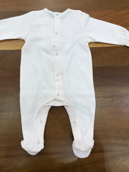 Tutina Paz Rodriguez in cotone rosa manica lunga con piedini collo in lino bianco con rusche con fiori bianchi e rosa