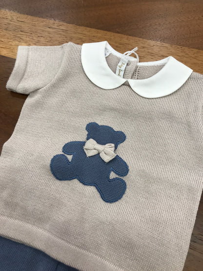 Completo Baby Lord in filo avio e tortora mezza manica con collo tondo bianco con orso centrale avio pantalone corto
