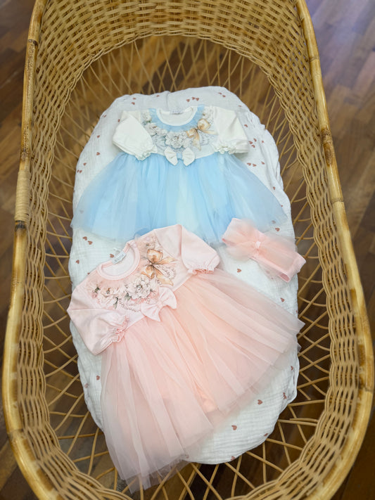 Coordinato Sofija in caldo cotone abitino con tulle e fiori