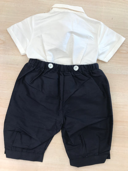 Completo Colibrì camicia mezza manica con pieghe avorio con pantalone a sbuffo blu