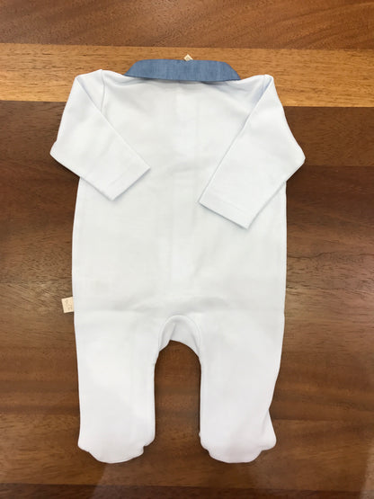 Tutina Baby Gi in cotone celeste manica lunga gamba lunga con colletto denim che continua sul davanti