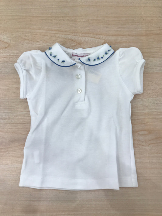 T-Shirt Les Enfants de Gisele in cotone mezza manica a sbuffo con colletto dal profilo blu con roselline ricamate su di esso