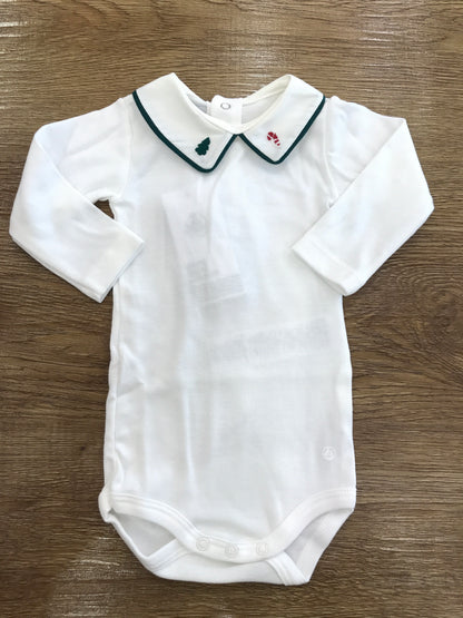 Body Petit Bateau in caldo cotone manica lunga con colletto rifinito in verde con ricami sul colletto