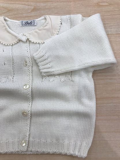 Cardigan Biebi panna traforato con bottoncini e colletto smerlato rosa chiaro