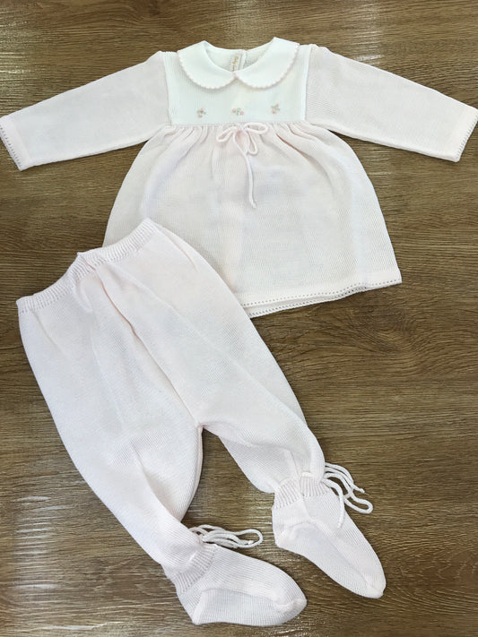 Tutina Baby Lord in filo due pezzi rosa con roselline ricamate