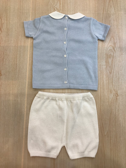 Completo Baby Lord in filo celeste e bianco due pezzi mezza manica con collo tondo con orsetto e fiocco sul davanti