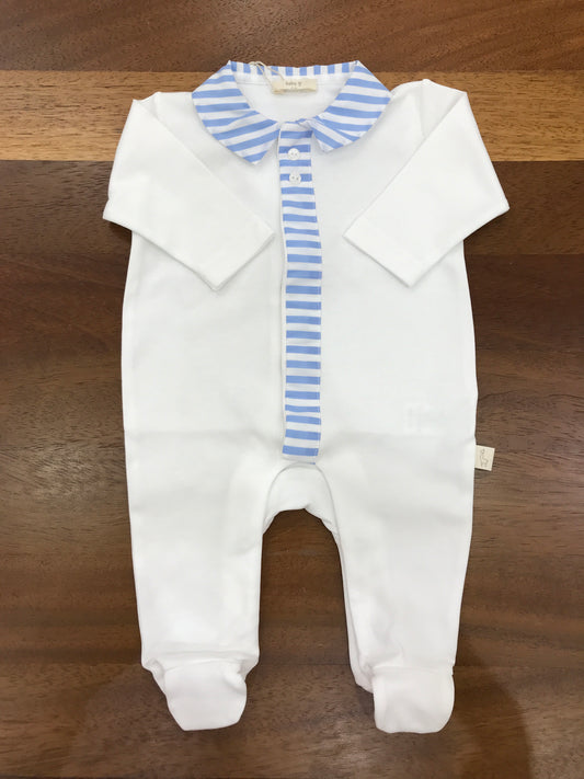 Tutina Baby Gi in cotone bianca maniche lunghe gamba lunga con piedini collo a righe bianche e celesti con dettagli che scende sul davanti