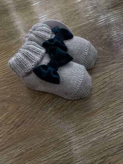 Babbucce Baby Lord in lana tortora con fiocco in velluto verde scuro