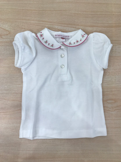 T-Shirt Les Enfants de Gisele  in cotone mezza manica a sbuffo con colletto dal profilo rosa con roselline ricamate su di esso