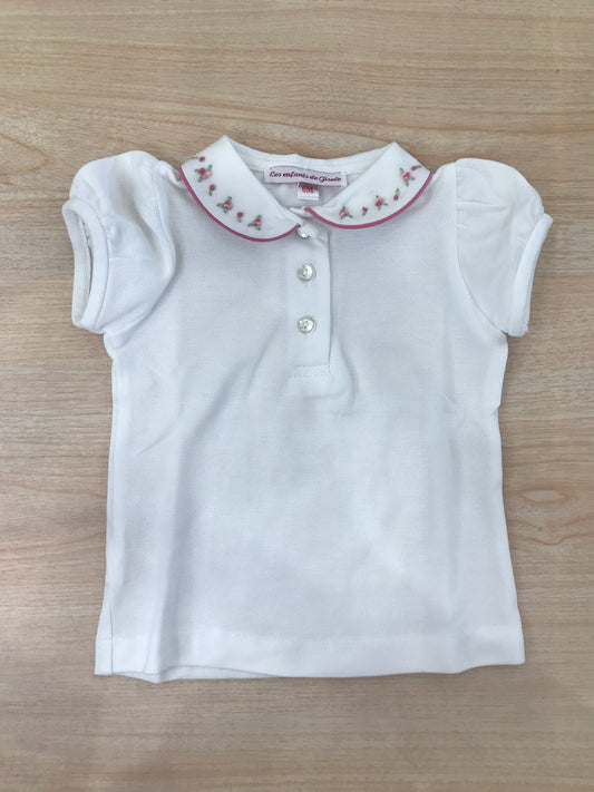 T-Shirt Les Enfants de Gisele  in cotone mezza manica a sbuffo con colletto dal profilo rosa con roselline ricamate su di esso