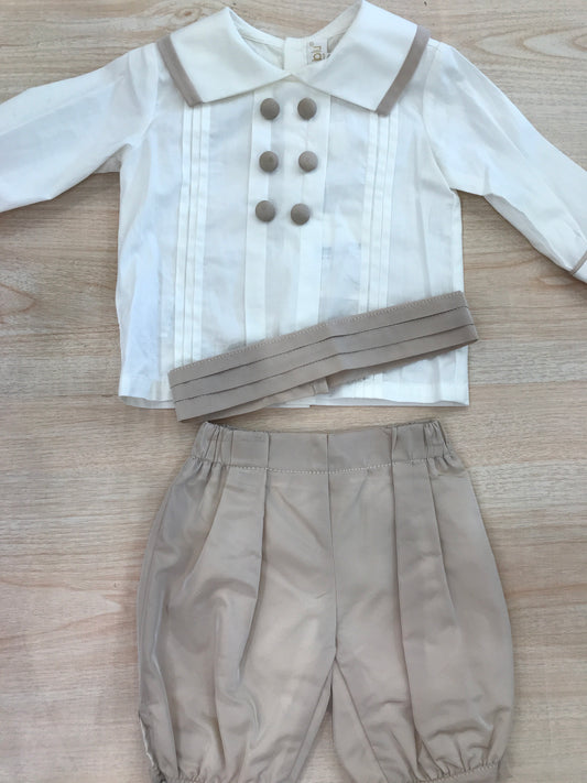 Completo Cielo Blu camicia manica lunga panna con rifiniture tortora con pantalone a sbuffo e fascia con pieghe