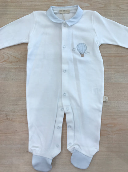 Tutina Baby Gi in cotone bianca manica lunga con piedini con mongolfiera laterale