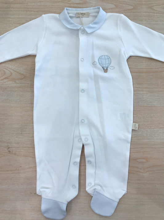 Tutina Baby Gi in cotone bianca manica lunga con piedini con mongolfiera laterale