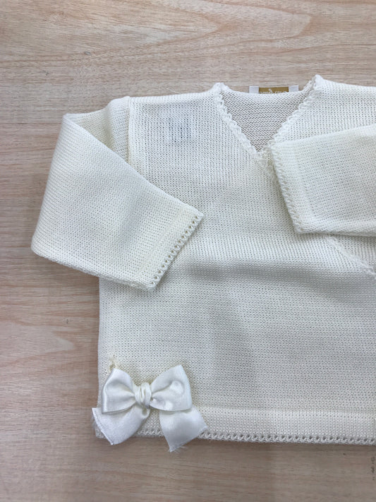 Cardigan Baby Lord in filo panna con chiusura ad incrocio e fiocchetti