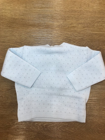 Cardigan Baby Lord in lana ad incrocio celeste con pois grigi