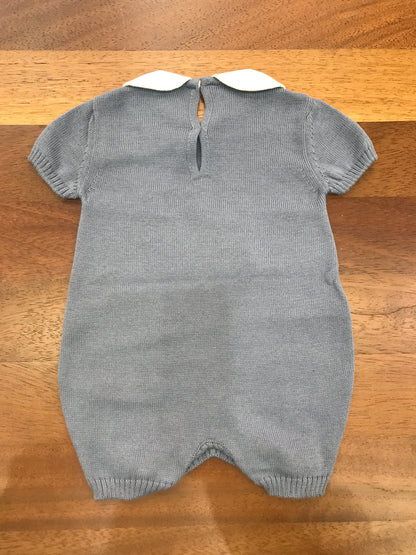 Pagliaccetto Baby Lord in filo avio mezza manica con elefante a righe avio e beige sul davanti con collo tondo