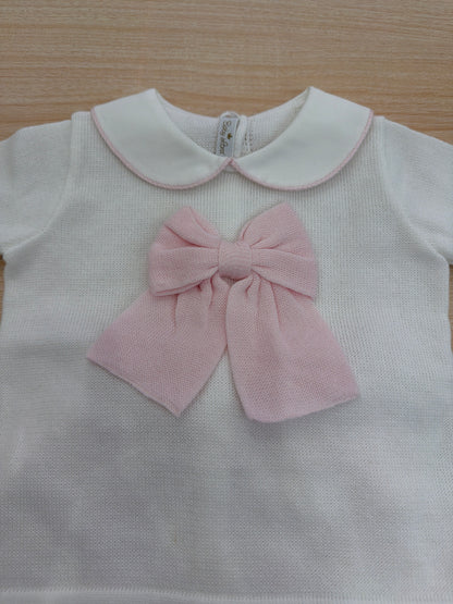 Completo Baby Lord in filo bianco mezza manica con fiocco centrale con gonna rosa plissettata