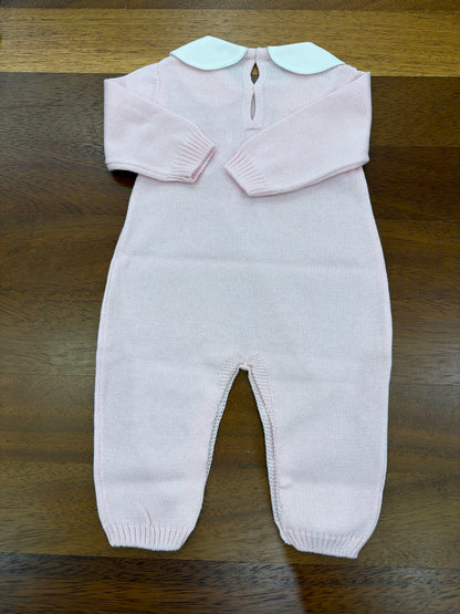Tutina Baby Lord in filo manica lunga rosa con lavorazione di punto smock bianco