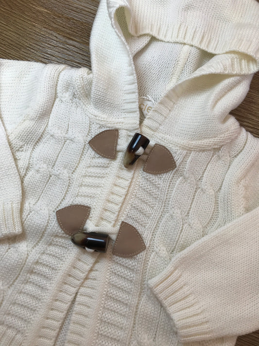 Cardigan Cielo Blu panna con cappuccio e lavorazione di trecce sul davanti