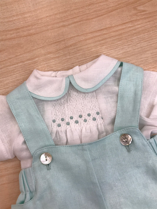 Completo Fofettes in cotone salopette con bretelle e camicia mezza manica con profilo e lavorazione di punto smock