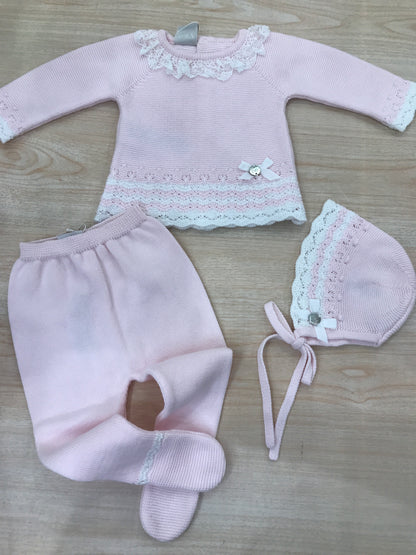 Tutina Paz Rodriguez in filo rosa manica lunga gamba lunga con ricami in bianco con pizzo al colletto e fiocchetto laterale