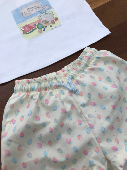 T-shirt e Costume Paz Rodriguez in cotone mezza manica con disegno estivo al centro costume giallo con fragoline colorate